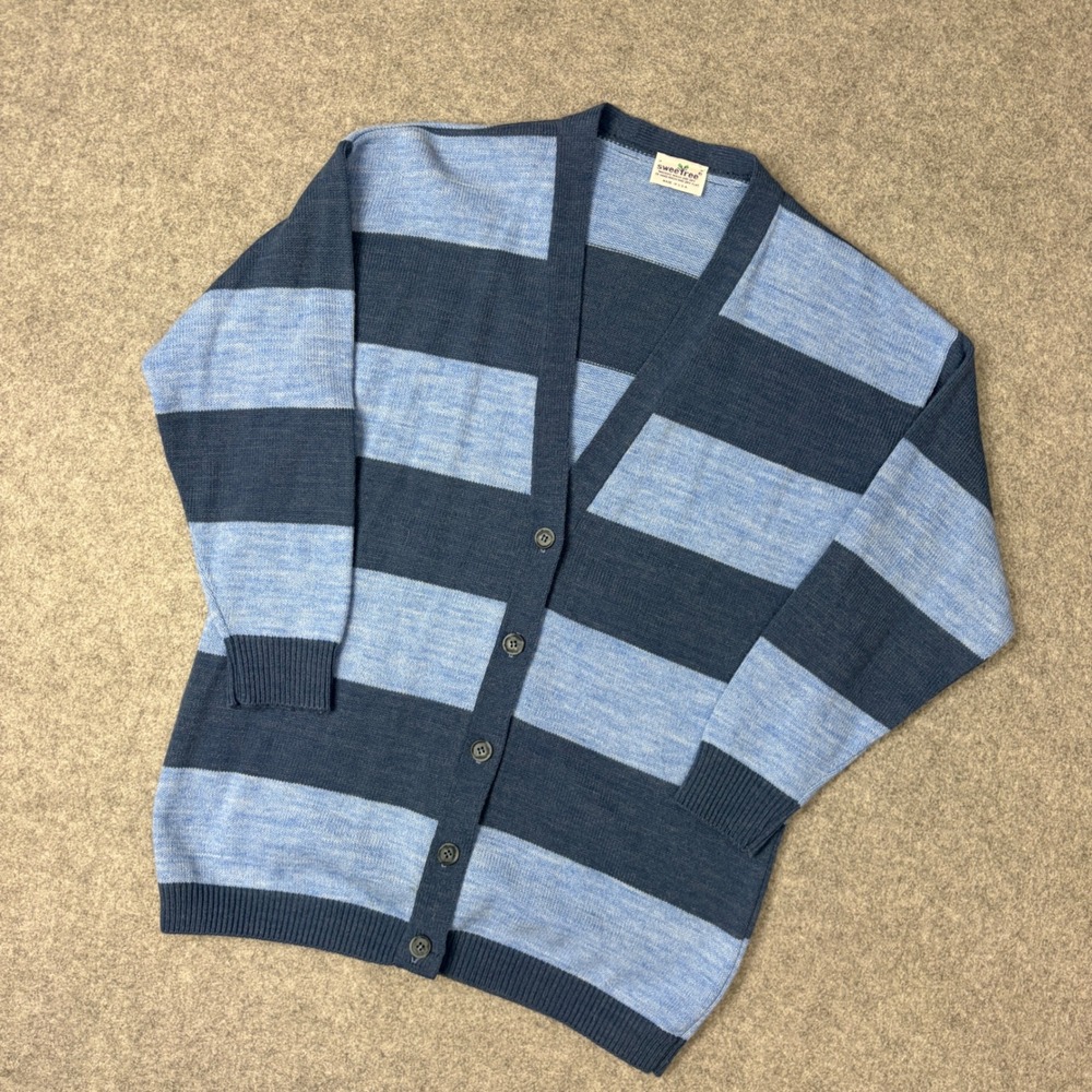 Vintage Sweetree Blue Striped Button Front V-Neck Cardigan Sweater Made in USA